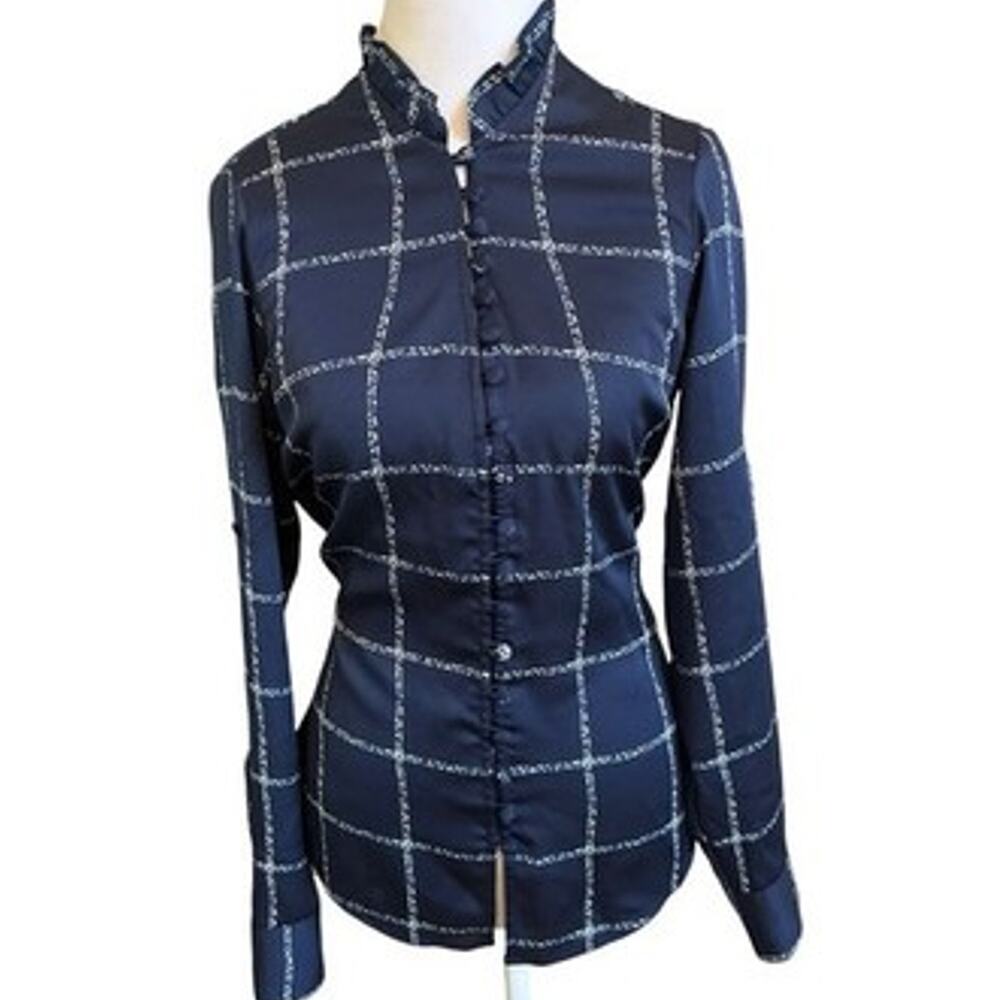 NWT Express Windowpane Button Blouse Victorian Asian Dark Academia Ruffle Neck S - Picture 3 of 16